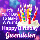 A colorful birthday GIF for Gwendolen featuring a cupcake with vibrant lit candles and the text 'It's Your Day to Make a Wish! Happy Birthday Gwendolen' in bold letters on a festive purple background.