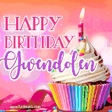 A vibrant birthday GIF featuring a rainbow-colored cupcake topped with white frosting, sprinkles, and a lit candle. The text reads 'Happy Birthday Gwendolen' in bold pink and violet letters with white outline.