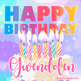 A vibrant animated name GIF with the words 'Happy Birthday Gwendolen' with colorful candles on a creamy cake. The background sparkles with pastel shades, adding a festive touch.