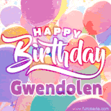 A vibrant name GIF featuring colorful balloons in shades of pink, orange, and yellow with the bold text 'Happy Birthday Gwendolen' in festive fonts, creating a lively birthday vibe.