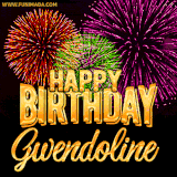 A golden 'Happy Birthday Gwendoline' message with vibrant fireworks in the background, creating a festive and celebratory vibe in this animated name GIF.
