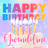 A vibrant animated name GIF with the words 'Happy Birthday Gwendoline' with colorful candles on a creamy cake. The background sparkles with pastel shades, adding a festive touch.