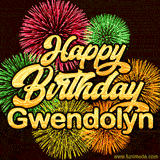 Golden text reading 'Happy Birthday Gwendolyn' surrounded by vibrant fireworks in red, green, and yellow, set against a dark background in this celebratory birthday GIF.