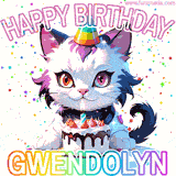 Adorable party-themed animated cat next to a lit birthday cake with text that says 'Happy Birthday Gwendolyn,' surrounded by colorful decorations and sparkles.