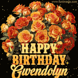 Animated bouquet of orange roses with moving butterfles and golden 'Happy Birthday Gwendolyn' text, surrounded by sparkling accents and a dark backdrop for a luxurious feel.