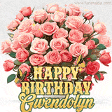 Golden 'Happy Birthday Gwendolyn' text beneath a vibrant bouquet of orange roses, complete with glittering butterflies and sparkling details.