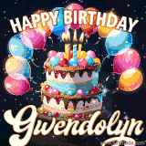 Bright birthday animation for Gwendolyn with a chocolate cake, candles, balloons, and glowing celebratory lights.