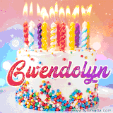 A cheerful white birthday cake with multicolor sprinkles, lit candles, and 'Gwendolyn' written in vibrant letters, in an animated GIF.