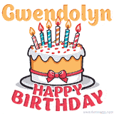 Cartoon birthday cake with a red bow, glowing candles, and 'Gwendolyn Happy Birthday' text in bold animated style.