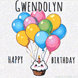 An adorable and cute cupcake with a smiley face and moving colorful balloons create a joyful birthday greeting for Gwendolyn in this cheerful animated greeting E-card.