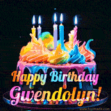 A mesmerizing animated cake with multicolor frosting and candles, and the words 'Happy Birthday Gwendolyn' on the black background.