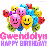 Animated colorful and joyful birthday balloons with cheerful smiles and a bright 'Happy Birthday Gwendolyn!' message in pink and purple.