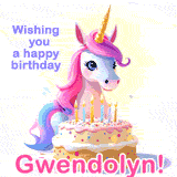 A cute moving unicorn with a birthday cake and candles, featuring 'Wishing you a happy birthday, Gwendolyn!' in colorful text.