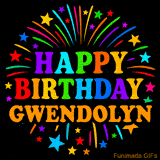 Personalized greeting card with name, colorful text that says 'Happy Birthday Gwendolyn' surrounded by animated fireworks and multicolor stars