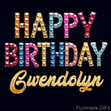 Vibrant luxury birthday greeting card for Gwendolyn, showing glittering gemstone letters and golden calligraphy on a dark background with twinkling shine effects.