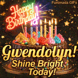 Yellow script spelling the name Gwendolyn! on a classic chocolate cake under a glowing pink neon Happy Birthday sign.