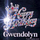Elegant silver-white metallic letters spelling Gwendolyn at the base of a sparkling jeweled crown on a space backdrop.
