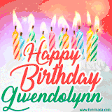 Bright birthday candles with rainbow flames on a cake, alongside the text 'Happy Birthday Gwendolynn' in vibrant script in this celebratory animated GIF.