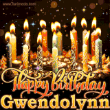 A glowing personalized birthday GIF with name Gwendolynn featuring lit candles with intricate designs, warm lighting, and the text 'Happy Birthday' in an elegant font.