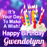 A colorful birthday GIF for Gwendolynn featuring a cupcake with vibrant lit candles and the text 'It's Your Day to Make a Wish! Happy Birthday Gwendolynn' in bold letters on a festive purple background.