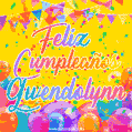 A bright and festive GIF with the text 'Feliz Cumpleaños Gwendolynn' in Spanish in colorful fonts, surrounded by confetti, balloons, and festive banners on a vibrant yellow background.