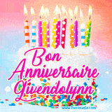 A white birthday cake covered in colorful sprinkles, topped with bright candles, and French text 'Bon Anniversaire Gwendolynn' on a pastel gradient background in an animated GIF.