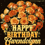 Animated bouquet of orange roses with moving butterfles and golden 'Happy Birthday Gwendolynn' text, surrounded by sparkling accents and a dark backdrop for a luxurious feel.