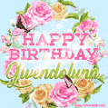 A charming animated GIF featuring 'Happy Birthday Gwendolynn' in pink and green text, surrounded by delicate roses, leaves, and fluttering butterflies on a soft light blue pastel background.