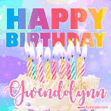 A vibrant animated name GIF with the words 'Happy Birthday Gwendolynn' with colorful candles on a creamy cake. The background sparkles with pastel shades, adding a festive touch.