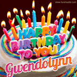 A colorful birthday cake topped with lit candles, with the words 'Happy Birthday Gwendolynn' in bold glowing letters on a burgundy background. Animated flames add a festive touch.