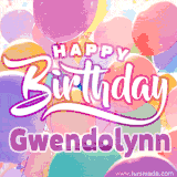 A vibrant name GIF featuring colorful balloons in shades of pink, orange, and yellow with the bold text 'Happy Birthday Gwendolynn' in festive fonts, creating a lively birthday vibe.