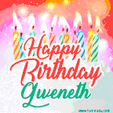 Bright birthday candles with rainbow flames on a cake, alongside the text 'Happy Birthday Gweneth' in vibrant script in this celebratory animated GIF.