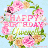 A charming animated GIF featuring 'Happy Birthday Gweneth' in pink and green text, surrounded by delicate roses, leaves, and fluttering butterflies on a soft light blue pastel background.