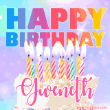 A vibrant animated name GIF with the words 'Happy Birthday Gweneth' with colorful candles on a creamy cake. The background sparkles with pastel shades, adding a festive touch.