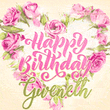 A stunning heart made of pink roses surrounds the elegant script text 'Happy Birthday Gweneth' on a soft beige background. Animated sparkles add a magical and festive feel.