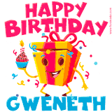 A vibrant and funny gift box character with a happy face dancing with a cupcake and the text 'Happy Birthday Gweneth,' surrounded by animated confetti and party vibes.