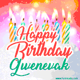 Bright birthday candles with rainbow flames on a cake, alongside the text 'Happy Birthday Gwenevak' in vibrant script in this celebratory animated GIF.