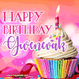 A vibrant birthday GIF featuring a rainbow-colored cupcake topped with white frosting, sprinkles, and a lit candle. The text reads 'Happy Birthday Gwenevak' in bold pink and violet letters with white outline.