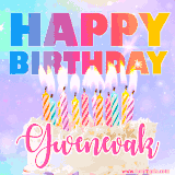 A vibrant animated name GIF with the words 'Happy Birthday Gwenevak' with colorful candles on a creamy cake. The background sparkles with pastel shades, adding a festive touch.