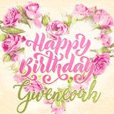 A stunning heart made of pink roses surrounds the elegant script text 'Happy Birthday Gwenevak' on a soft beige background. Animated sparkles add a magical and festive feel.