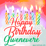 Bright birthday candles with rainbow flames on a cake, alongside the text 'Happy Birthday Gwenevere' in vibrant script in this celebratory animated GIF.