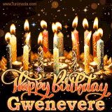 A glowing personalized birthday GIF with name Gwenevere featuring lit candles with intricate designs, warm lighting, and the text 'Happy Birthday' in an elegant font.