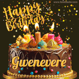 A delightful chocolate birthday cake with bright candles and 'Happy Birthday Gwenevere' written in gold amidst a shower of animated stars.