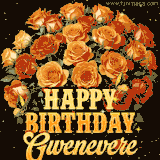Animated bouquet of orange roses with moving butterfles and golden 'Happy Birthday Gwenevere' text, surrounded by sparkling accents and a dark backdrop for a luxurious feel.
