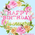 A charming animated GIF featuring 'Happy Birthday Gwenevere' in pink and green text, surrounded by delicate roses, leaves, and fluttering butterflies on a soft light blue pastel background.