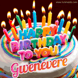 A colorful birthday cake topped with lit candles, with the words 'Happy Birthday Gwenevere' in bold glowing letters on a burgundy background. Animated flames add a festive touch.