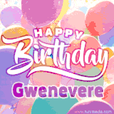 A vibrant name GIF featuring colorful balloons in shades of pink, orange, and yellow with the bold text 'Happy Birthday Gwenevere' in festive fonts, creating a lively birthday vibe.