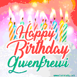 Bright birthday candles with rainbow flames on a cake, alongside the text 'Happy Birthday Gwenfrewi' in vibrant script in this celebratory animated GIF.