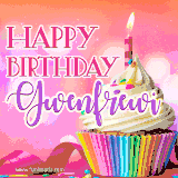 A vibrant birthday GIF featuring a rainbow-colored cupcake topped with white frosting, sprinkles, and a lit candle. The text reads 'Happy Birthday Gwenfrewi' in bold pink and violet letters with white outline.