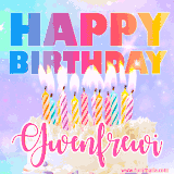 A vibrant animated name GIF with the words 'Happy Birthday Gwenfrewi' with colorful candles on a creamy cake. The background sparkles with pastel shades, adding a festive touch.